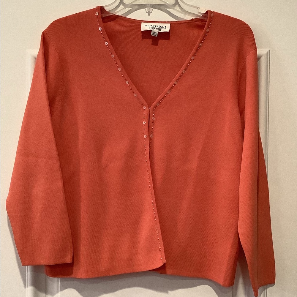 Studio I Petites Peach Coral Cardigan Sweater Size 16P with Flower Beads